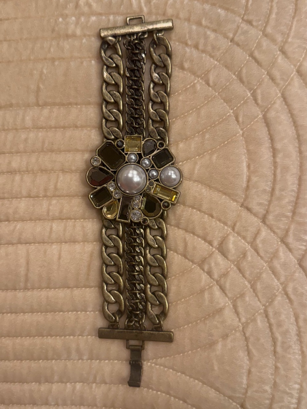 Gold Chain Statement Bracelet with Jewel Flower Accent